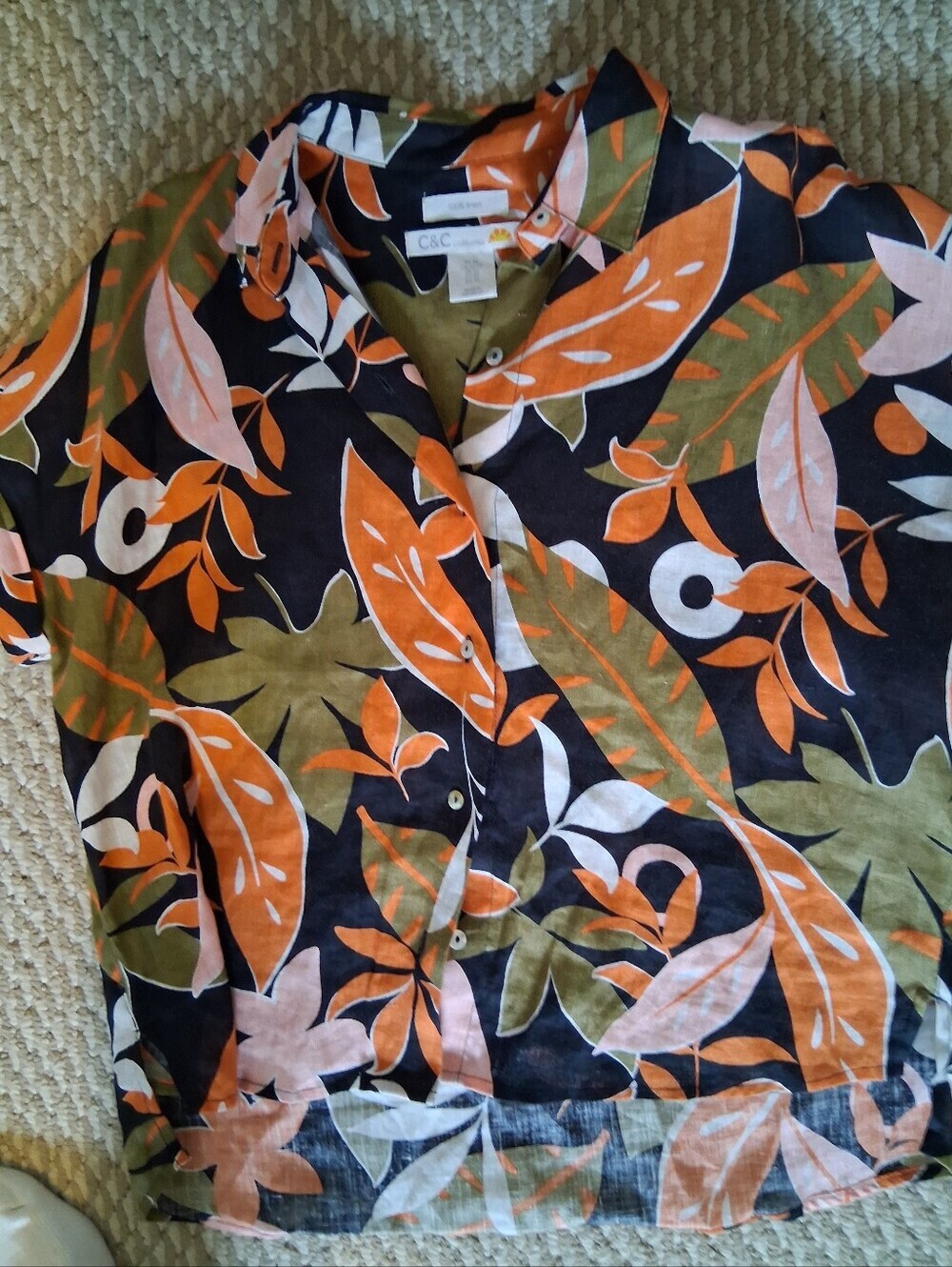 C&C California Linen Black Tropical Button-Up with Orange, Olive & Pink Leaves